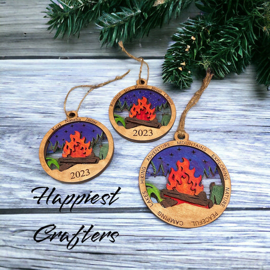 Custom Campfire with Tent Ornament , Wood Camp Decor, Flames Camping Decoration - Music City Acrylics
