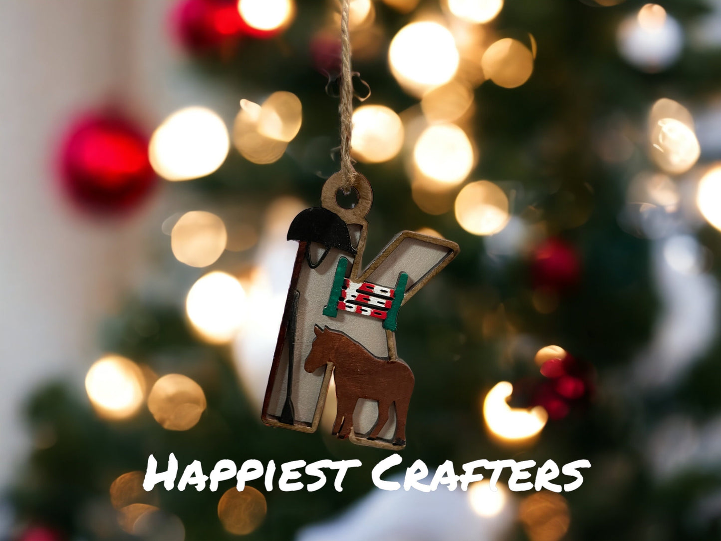 Personalized Two-Layer Equestrian Letter Ornament, Custom Wood Holiday Decoration, gift for horse lover, horse lover ornament