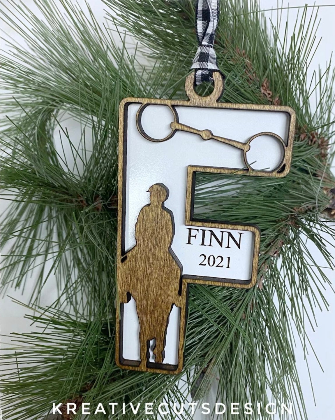 Personalized Two-Layer Equestrian Letter Ornament, Custom Wood Holiday Decoration, gift for horse lover, horse lover ornament