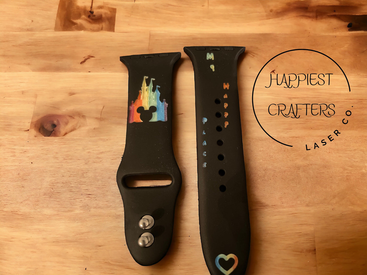 Black Watchband with Vibrant Rainbow Engraved Designs, Unique & Stylish