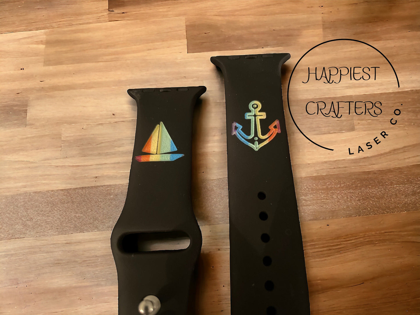 Black Watchband with Vibrant Rainbow Engraved Designs, Unique & Stylish