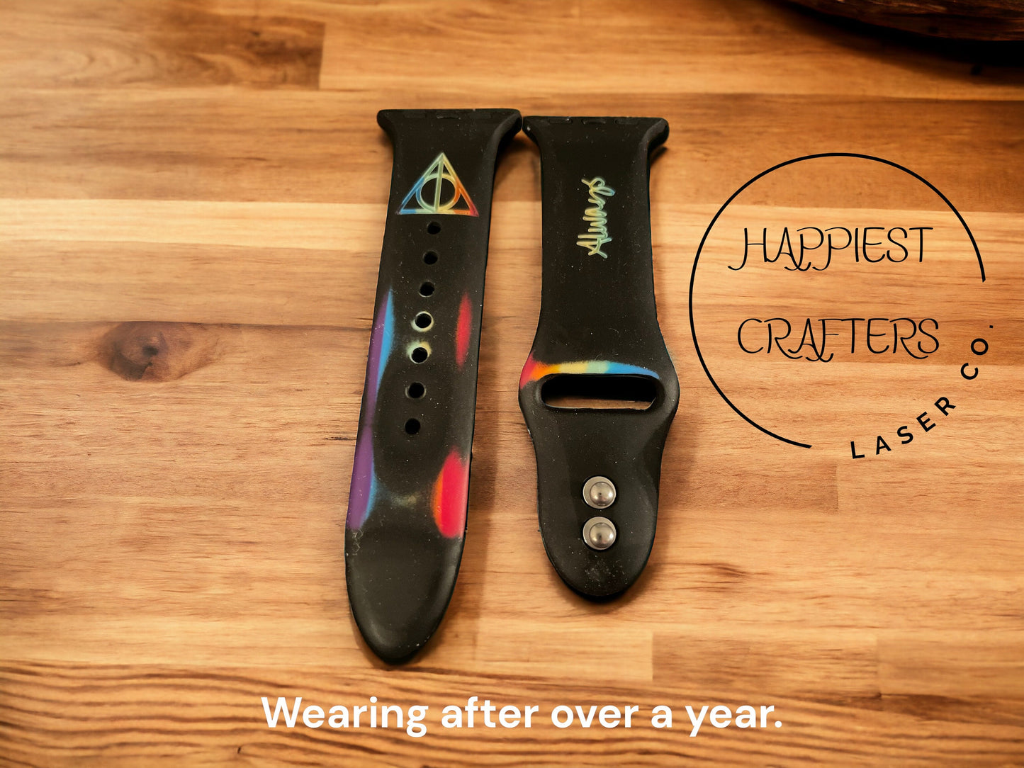 Black Watchband with Vibrant Rainbow Engraved Designs, Unique & Stylish