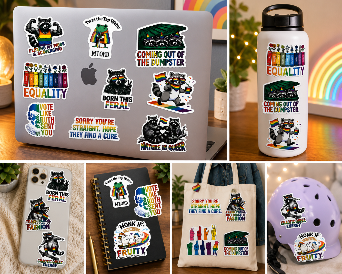 Pride Raccoon Sticker Pack – Funny LGBTQ+ Vinyl Stickers | Waterproof Decals | Queer Humor Stickers | Laptop, Water Bottle, Tumbler Stickers