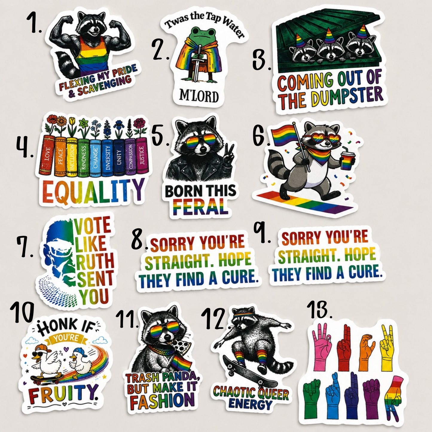 Pride Raccoon Sticker Pack – Funny LGBTQ+ Vinyl Stickers | Waterproof Decals | Queer Humor Stickers | Laptop, Water Bottle, Tumbler Stickers