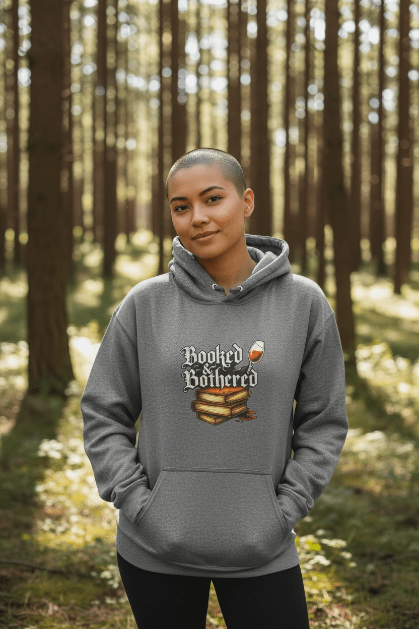 Booked & Bothered Hoodie – Moody Bookish Graphic Sweatshirt for Readers & Wine Lovers - Music City Acrylics