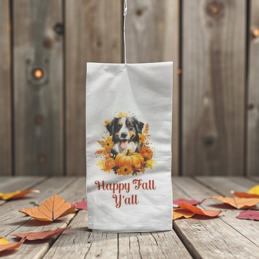 Fall Dog Tea Towels – Autumn Kitchen Towel – Happy Fall Y’all, Aussie with Pumpkins, Thanksgiving Decor - Music City Acrylics