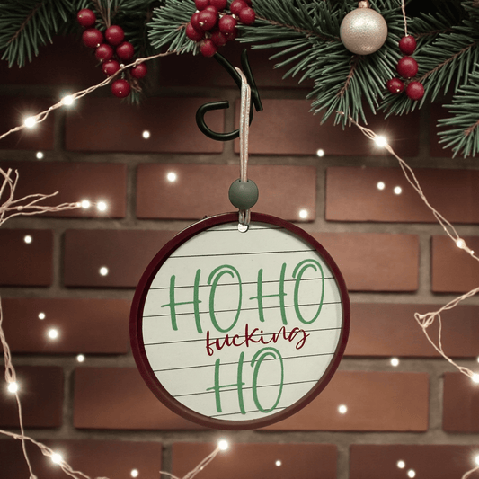 Funny Adult Christmas Ornaments – “HO HO HO” & “Bah Fucking Humbug” – Snarky Holiday Decor - Music City Acrylics