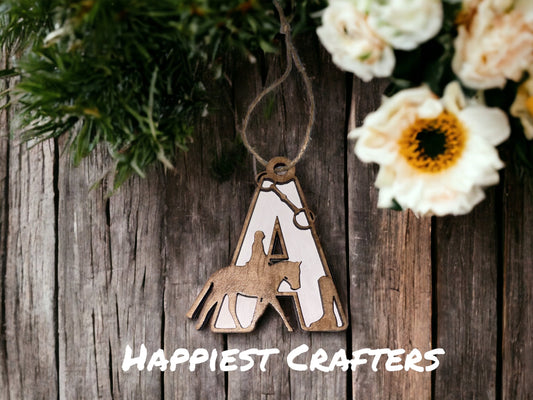 Personalized Two-Layer Equestrian Letter Ornament, Custom Wood Holiday Decoration, gift for horse lover, horse lover ornament
