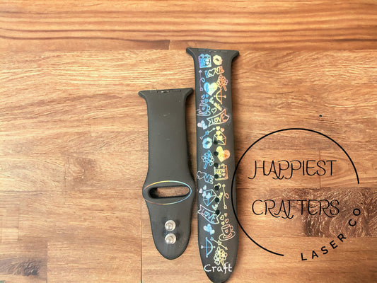 Black Watchband with Vibrant Rainbow Engraved Designs, Unique & Stylish