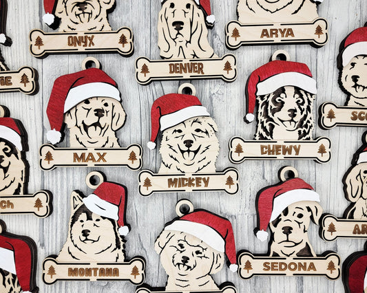 Personalized Dog Christmas Ornament – Custom Pet Name & Breed with Santa Hat - Music City Acrylics