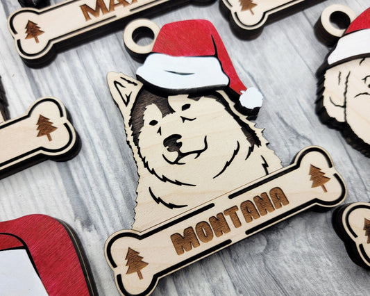 Personalized Dog Christmas Ornament – Custom Pet Name & Breed with Santa Hat - Music City Acrylics