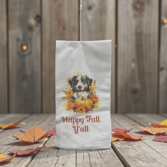 Fall Dog Tea Towels – Autumn Kitchen Towel – Happy Fall Y’all, Aussie with Pumpkins, Thanksgiving Decor
